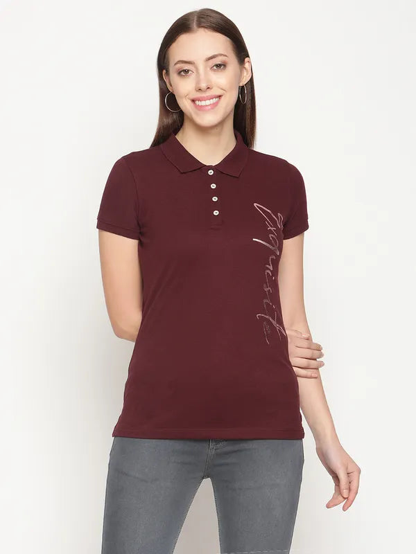 Mettle Women Maroon Printed Polo Collar Cotton T-Shirt