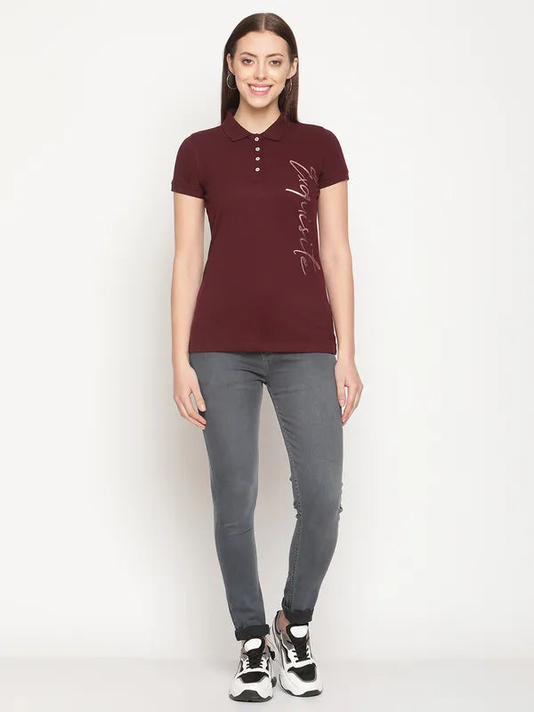 Mettle Women Maroon Printed Polo Collar Cotton T-Shirt