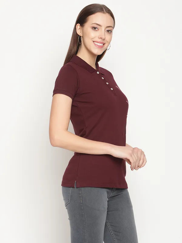 Mettle Women Maroon Printed Polo Collar Cotton T-Shirt