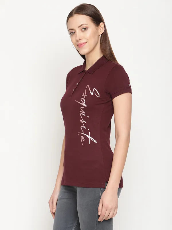 Mettle Women Maroon Printed Polo Collar Cotton T-Shirt