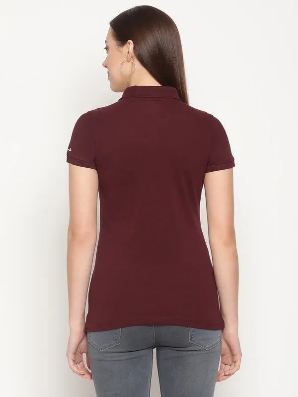 Mettle Women Maroon Printed Polo Collar Cotton T-Shirt