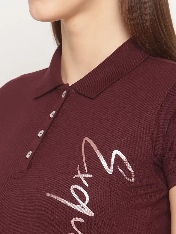 Mettle Women Maroon Printed Polo Collar Cotton T-Shirt