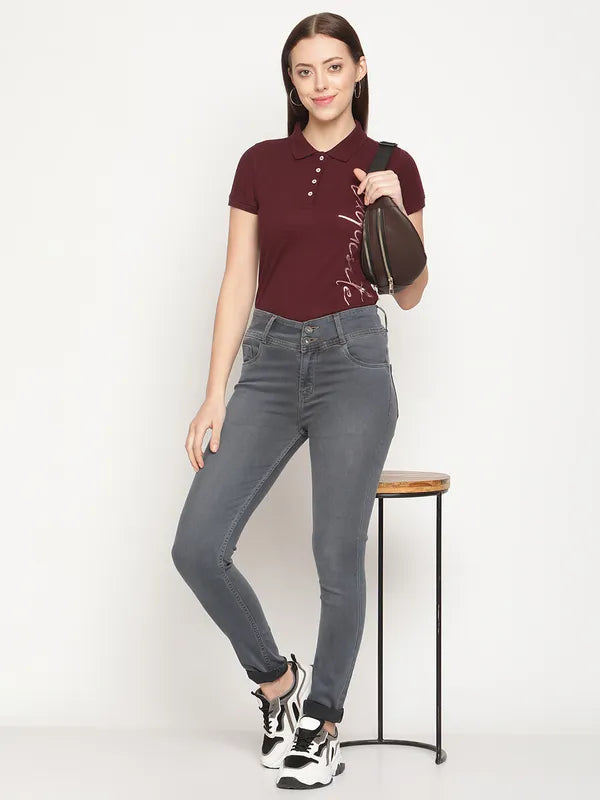 Mettle Women Maroon Printed Polo Collar Cotton T-Shirt