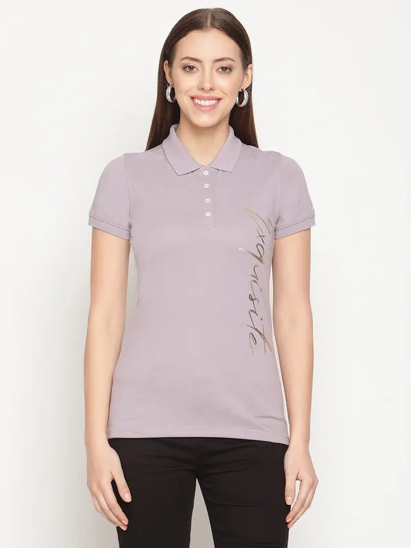 Mettle Women Purple Typography Printed Polo Collar T-Shirt