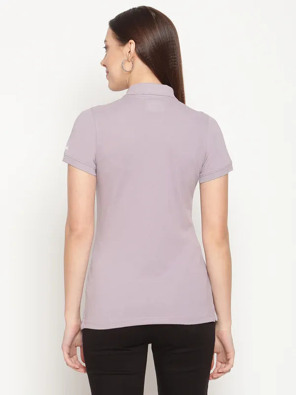 Mettle Women Purple Typography Printed Polo Collar T-Shirt