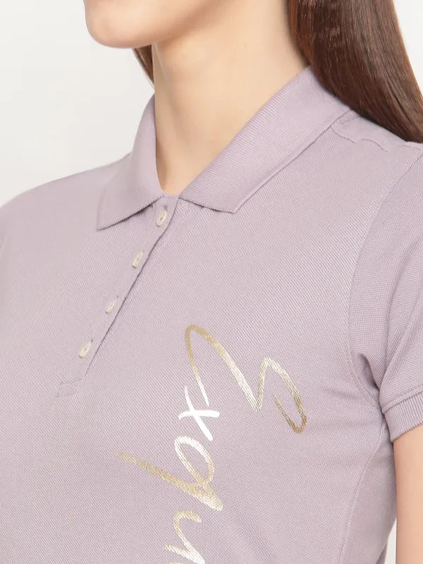 Mettle Women Purple Typography Printed Polo Collar T-Shirt