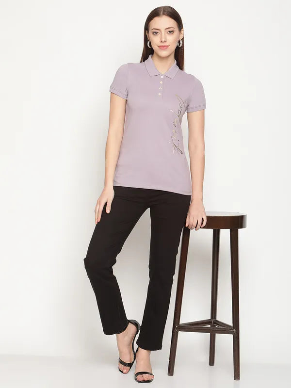 Mettle Women Purple Typography Printed Polo Collar T-Shirt