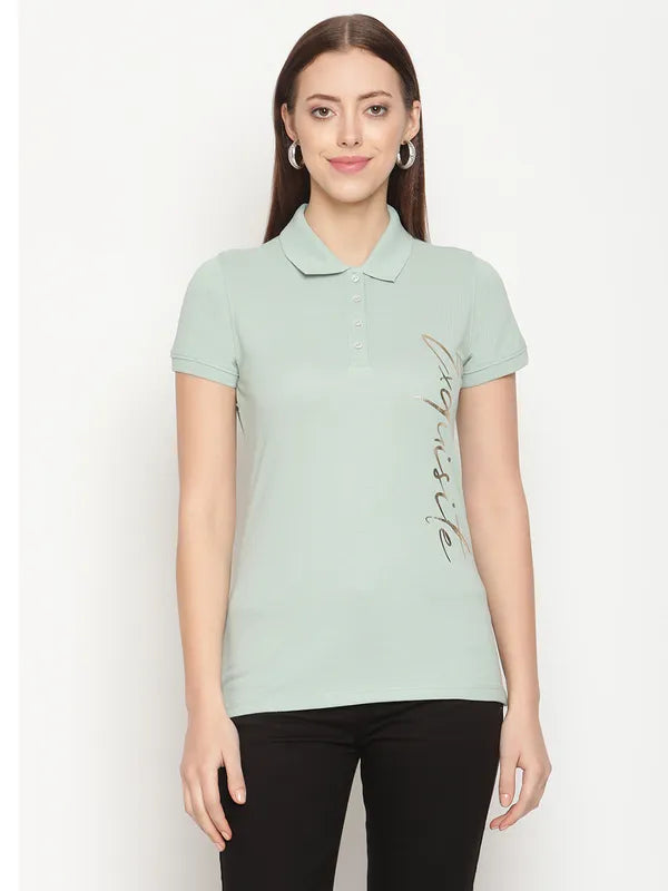 Mettle Women Green Typography Polo Collar T-Shirt