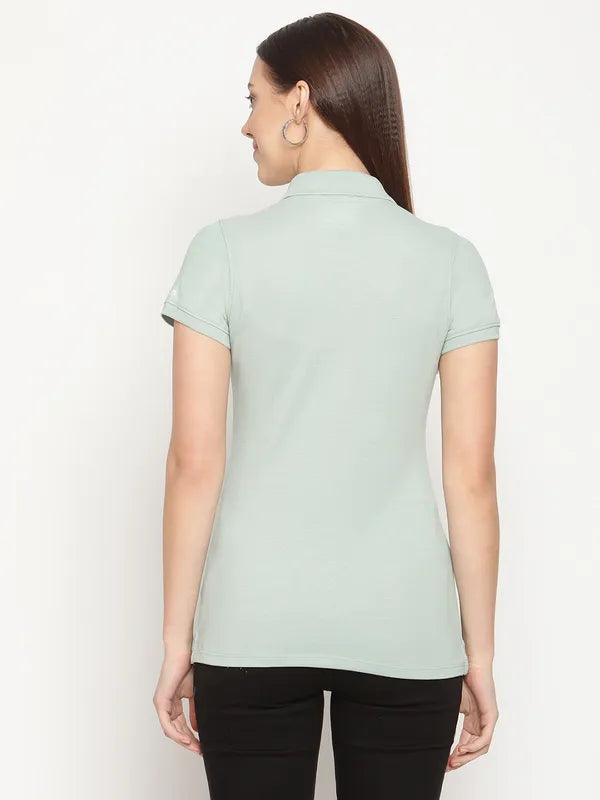 Mettle Women Green Typography Polo Collar T-Shirt