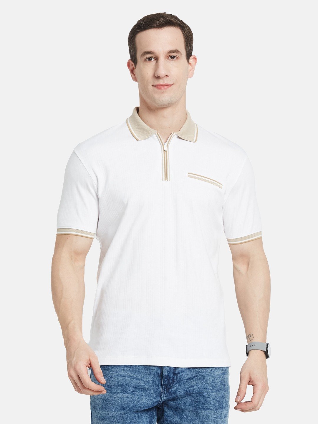 VERTICAL STRIPE HALF-ZIP POLO NECK DROP NEEDLE INTERLOCK T-SHIRT