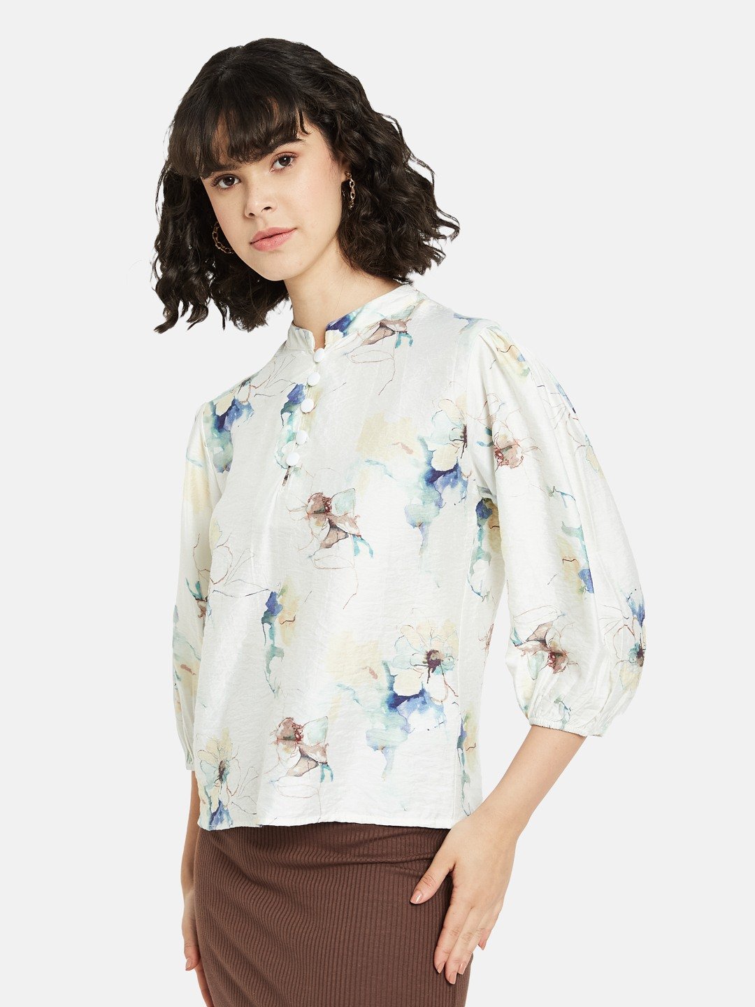 METTLE Off White Floral Print Mandarin Collar Cotton Top