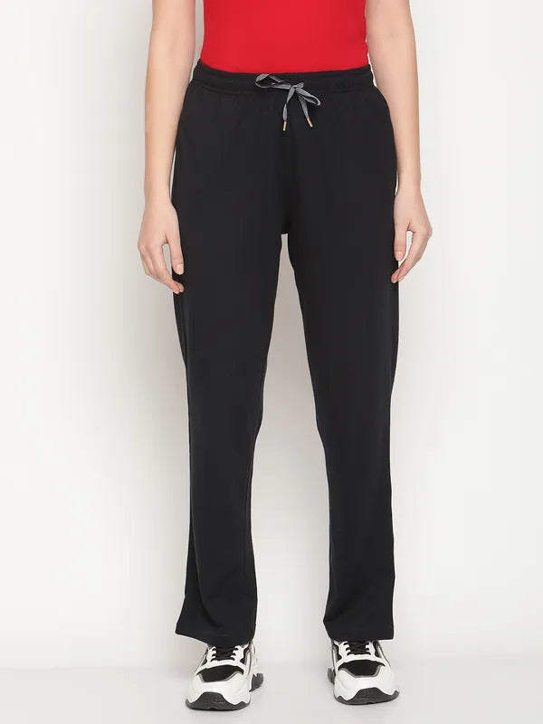 Mettle Women Navy Blue Solid Cotton Track Pants