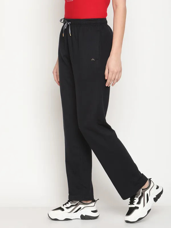 Mettle Women Navy Blue Solid Cotton Track Pants