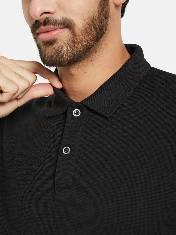 Mettle Men Black Polo Collar Applique T-Shirt