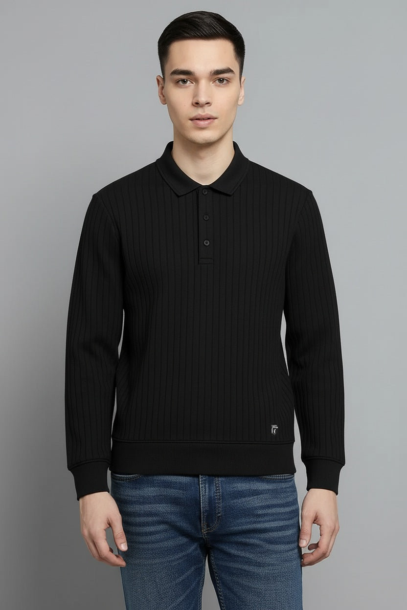 Men Black Striped Polo Collar T-shirt