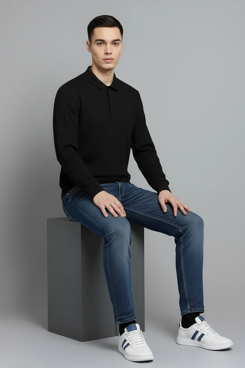 Men Black Striped Polo Collar T-shirt