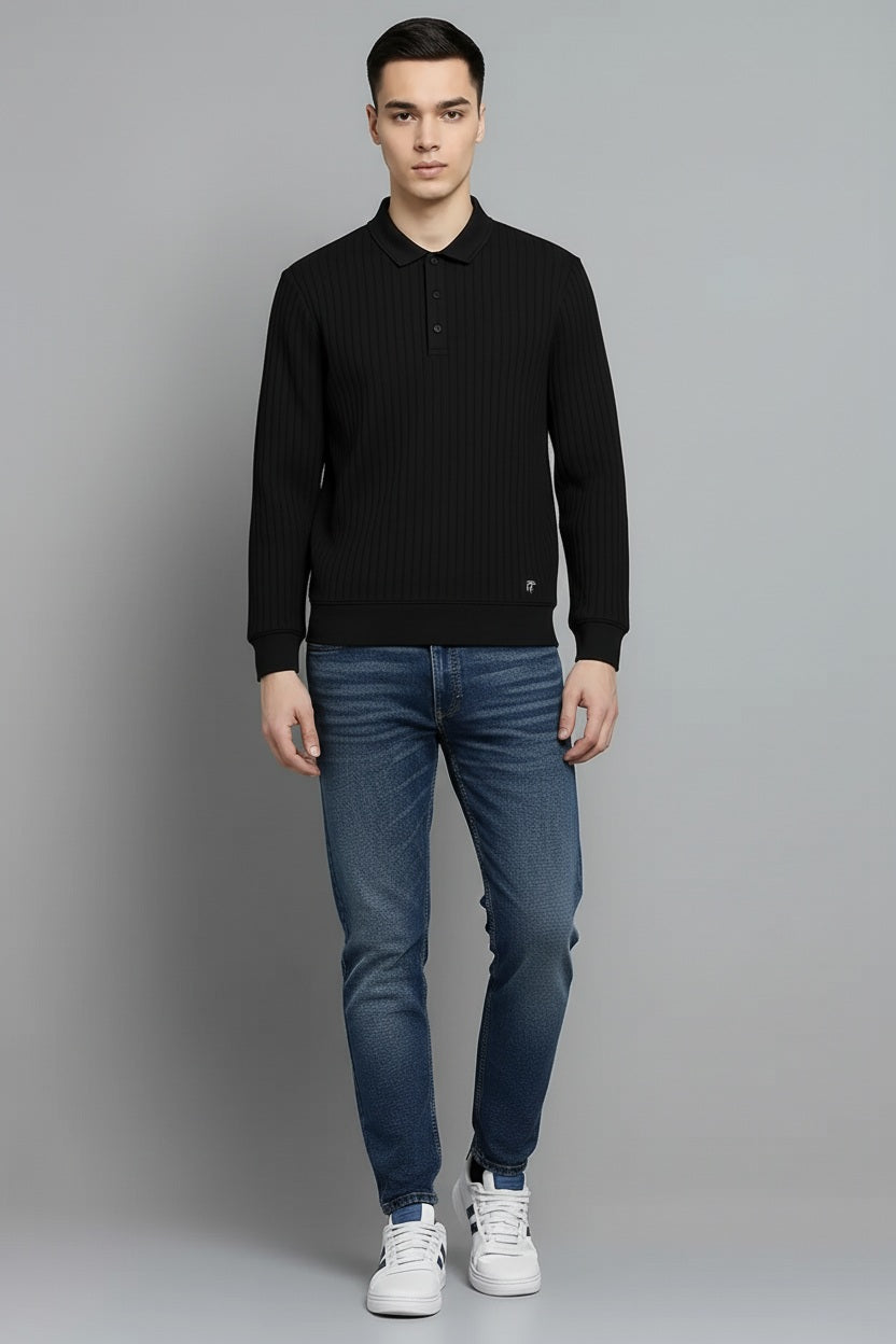 Men Black Striped Polo Collar T-shirt