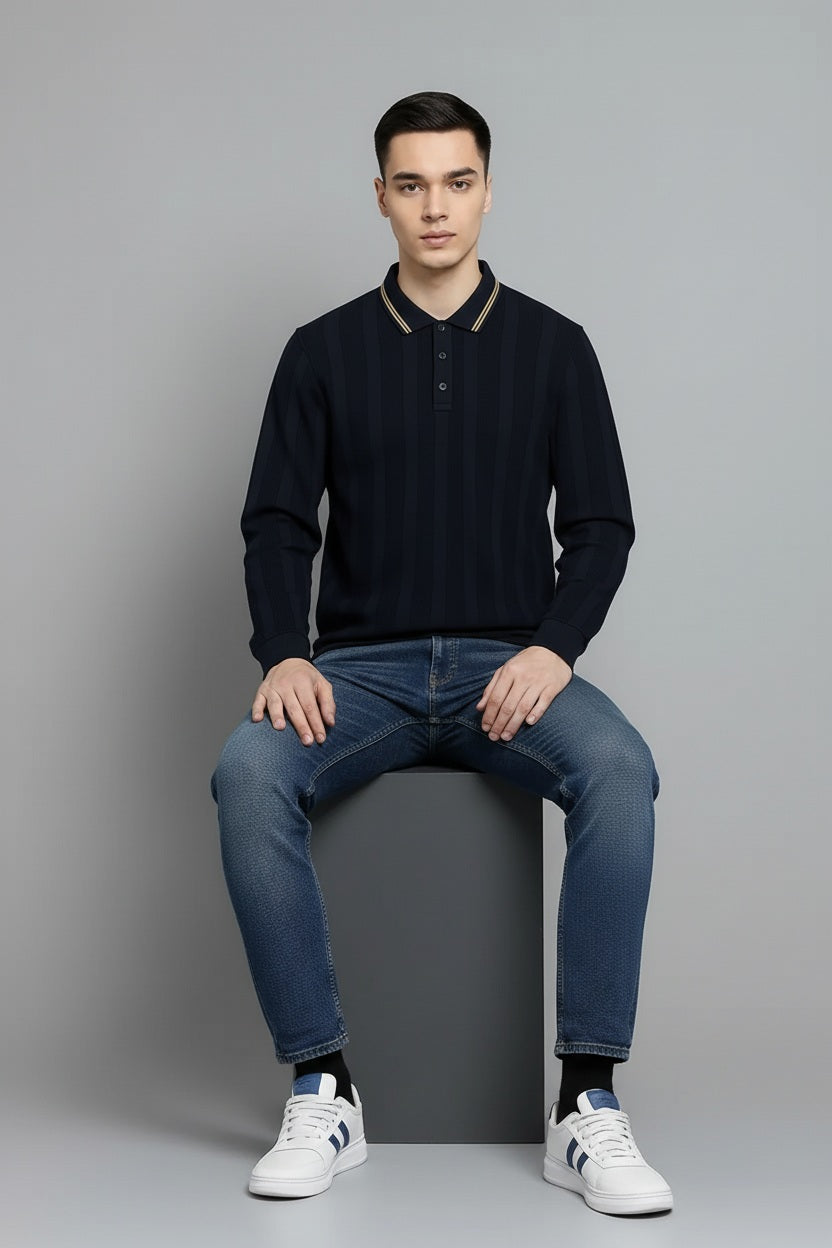 Men Navy Striped Polo Collar T-shirt