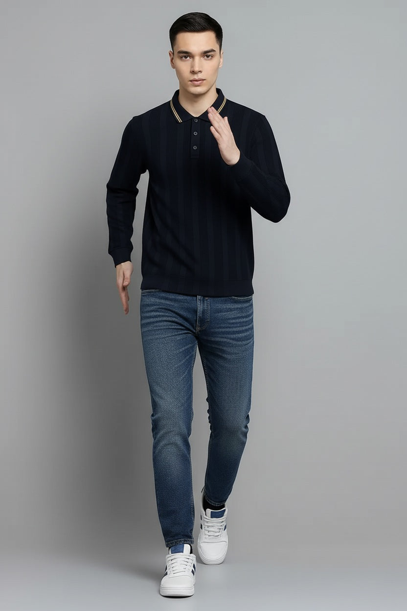 Men Navy Striped Polo Collar T-shirt