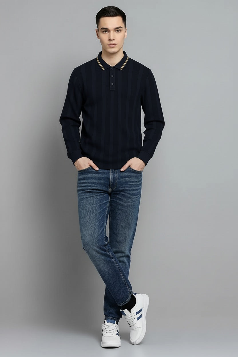 Men Navy Striped Polo Collar T-shirt