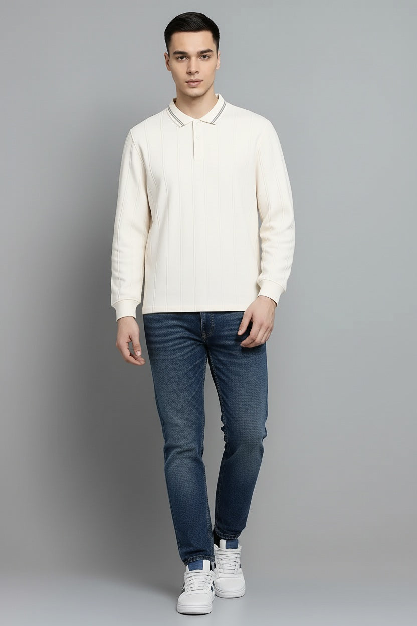 Men Off White Striped Polo Collar T-shirt