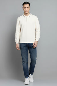 Men Off White Striped Polo Collar T-shirt