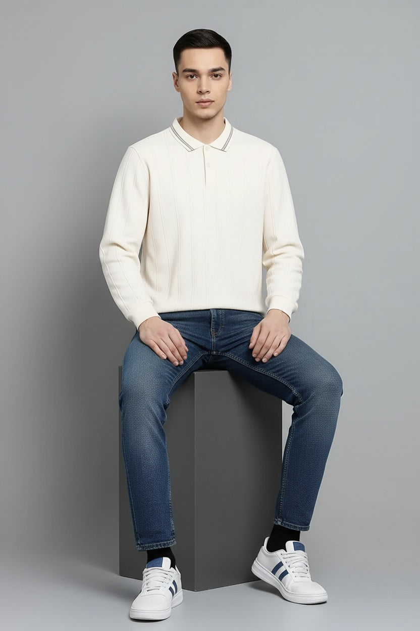 Men Off White Striped Polo Collar T-shirt