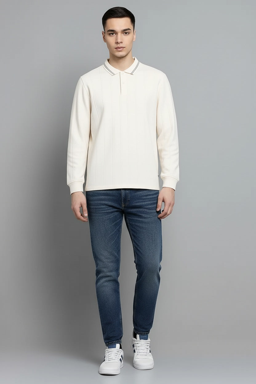 Men Off White Striped Polo Collar T-shirt