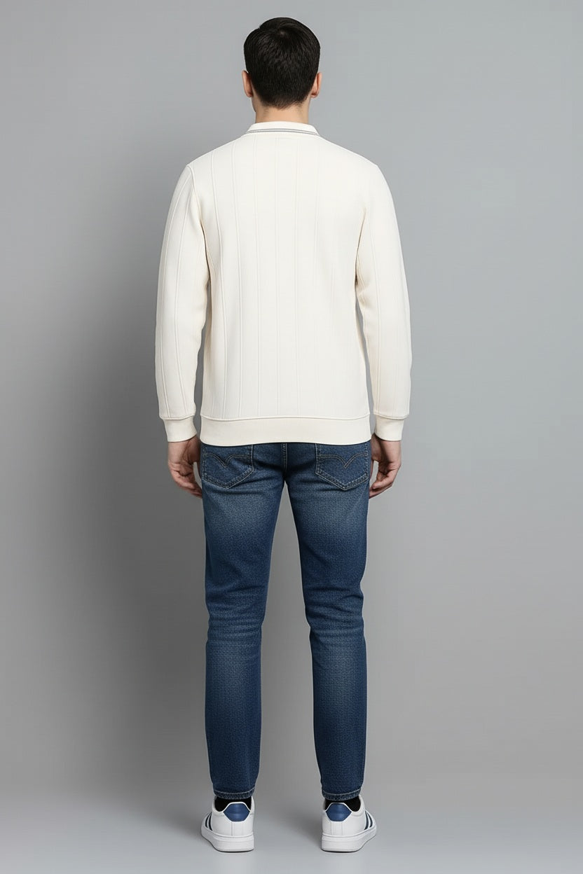 Men Off White Striped Polo Collar T-shirt
