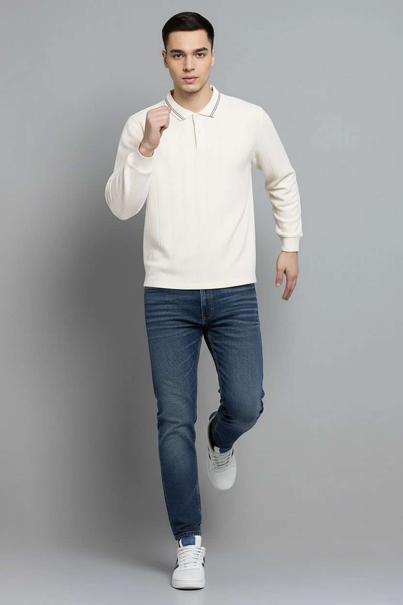 Men Off White Striped Polo Collar T-shirt