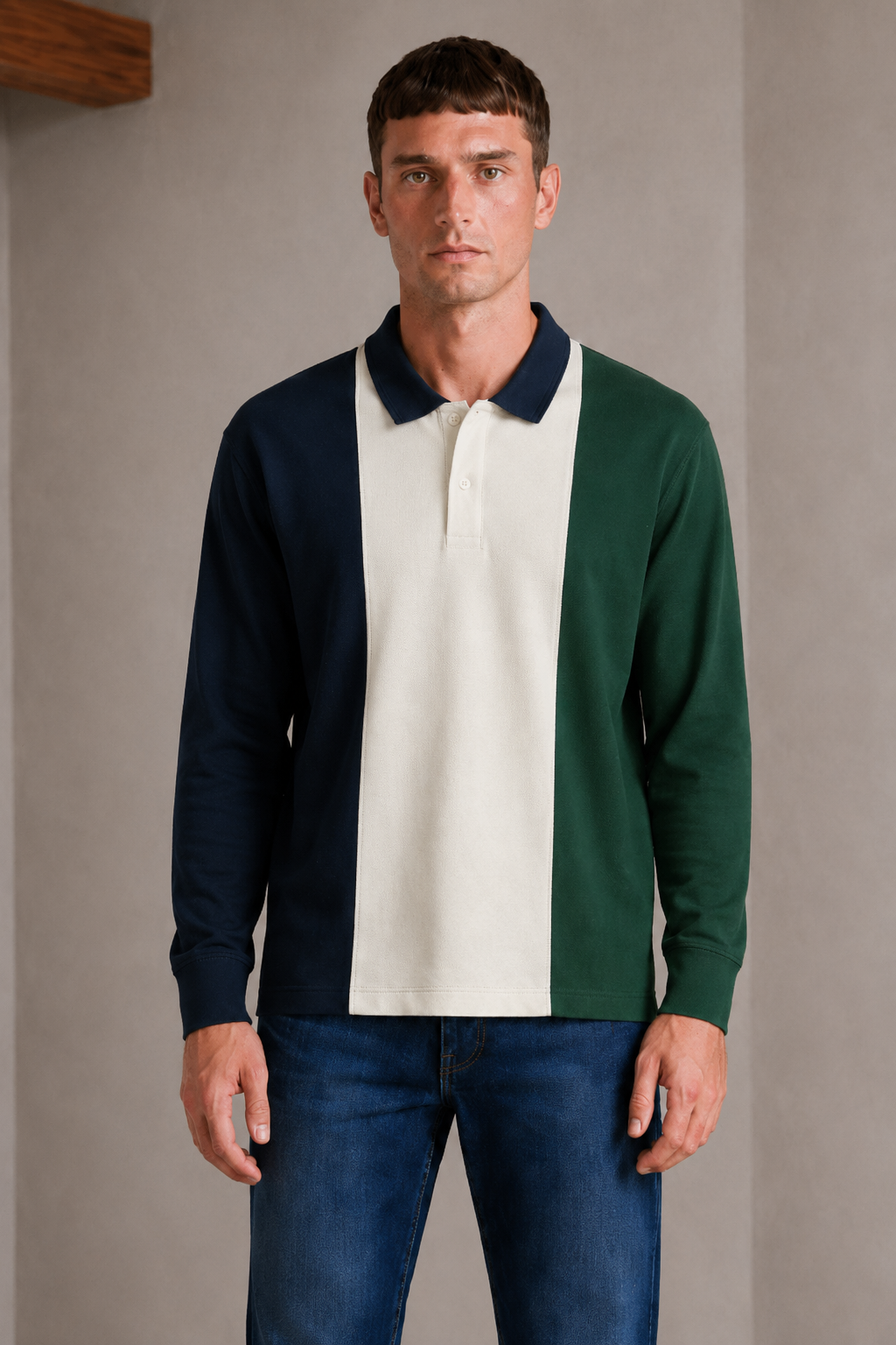 Men’s Hunter Green Cotton Pique Polo Collar Pre-Winter T-Shirt – Regular Fit Full Sleeve Colour Block Tee