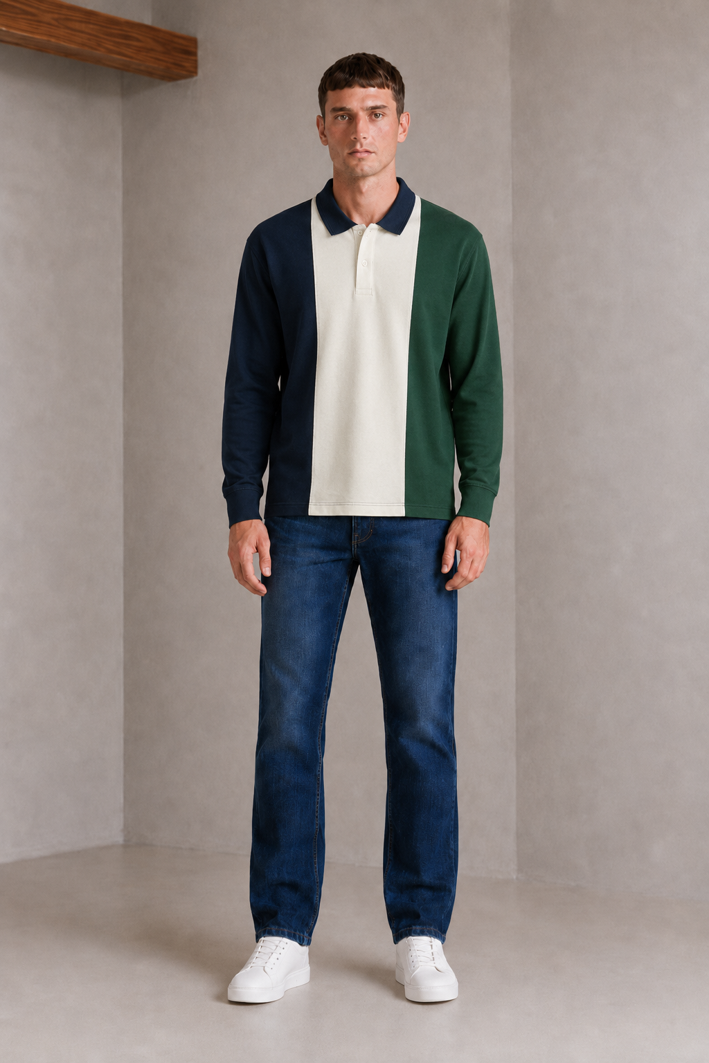 Men’s Hunter Green Cotton Pique Polo Collar Pre-Winter T-Shirt – Regular Fit Full Sleeve Colour Block Tee