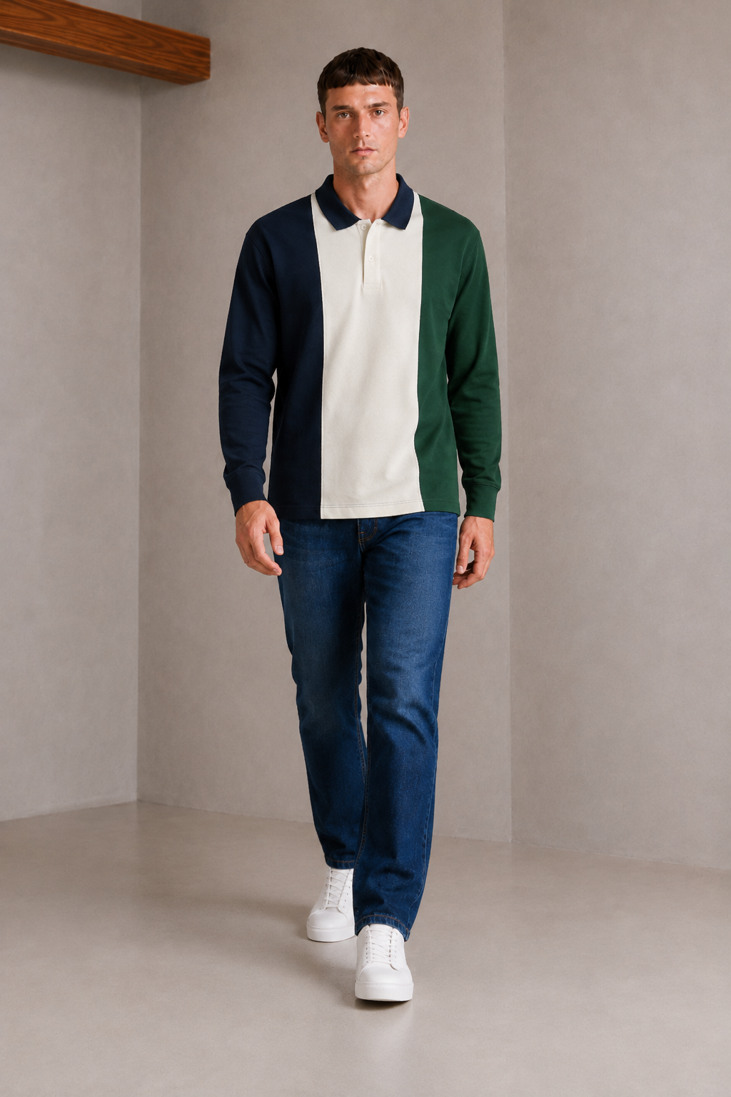Men’s Hunter Green Cotton Pique Polo Collar Pre-Winter T-Shirt – Regular Fit Full Sleeve Colour Block Tee