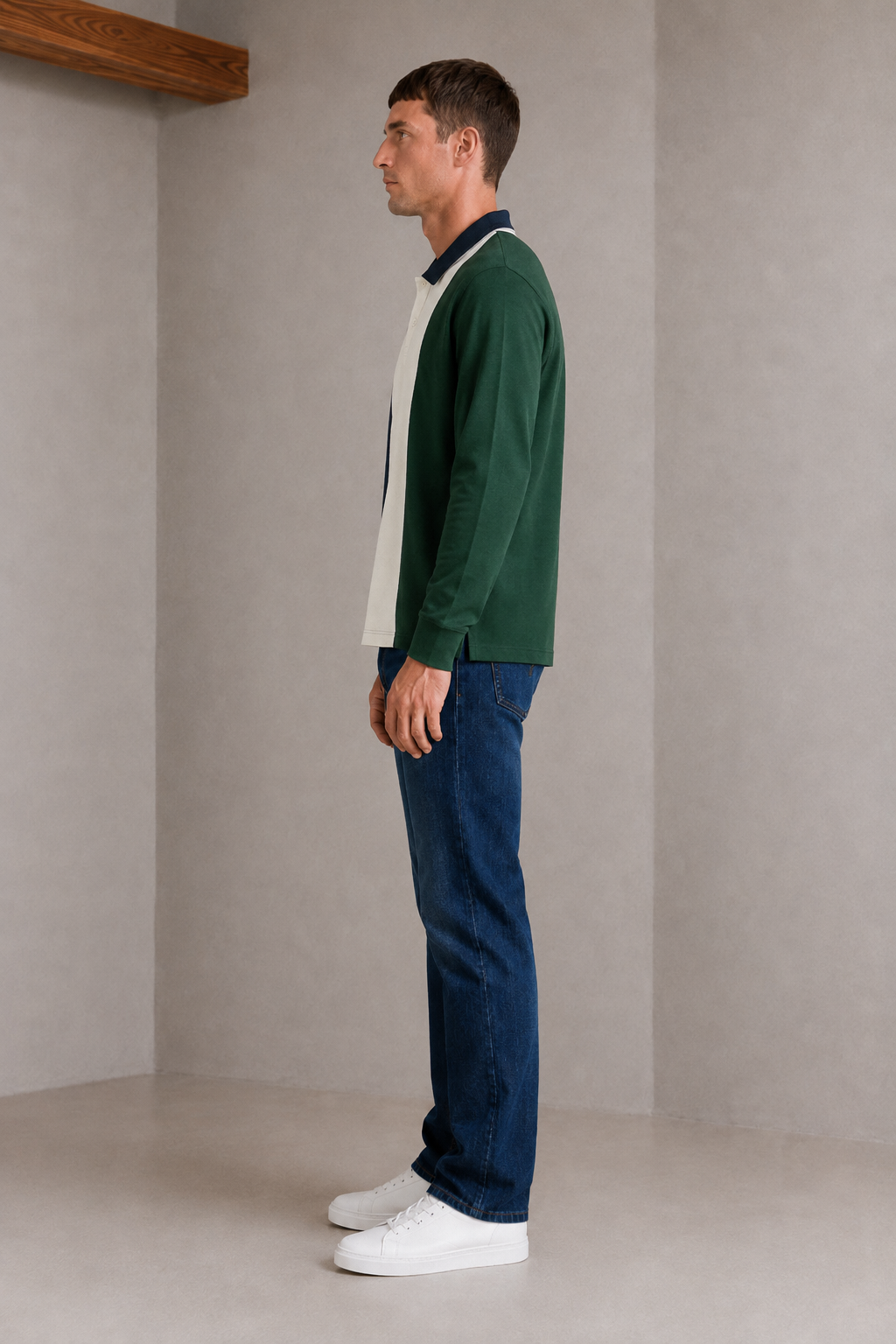 Men’s Hunter Green Cotton Pique Polo Collar Pre-Winter T-Shirt – Regular Fit Full Sleeve Colour Block Tee