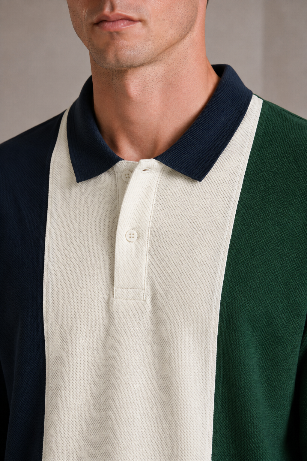 Men’s Hunter Green Cotton Pique Polo Collar Pre-Winter T-Shirt – Regular Fit Full Sleeve Colour Block Tee