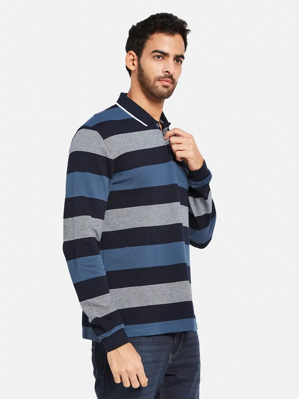 Mettle Men Navy Blue Striped High Neck Pockets T-Shirt