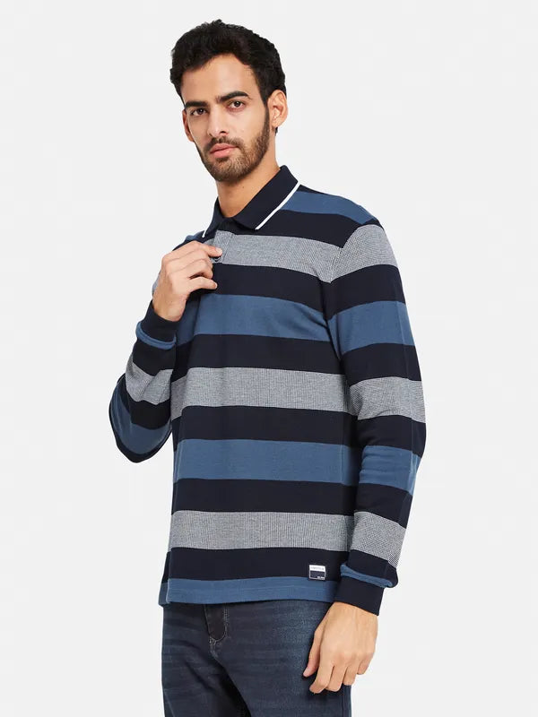 Mettle Men Navy Blue Striped High Neck Pockets T-Shirt