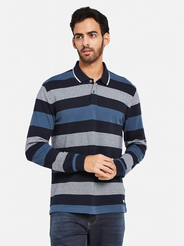 Mettle Men Navy Blue Striped High Neck Pockets T-Shirt