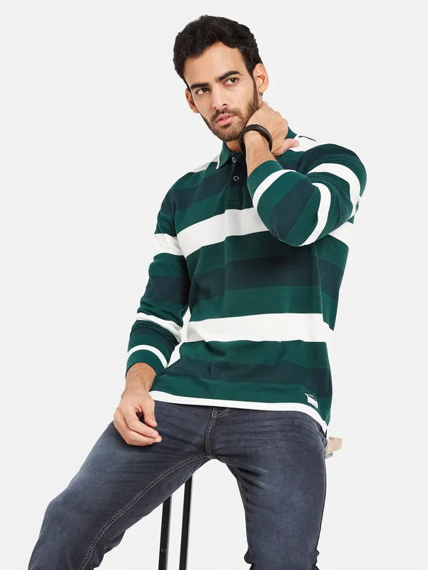 Mettle Men Green Striped High Neck Pockets T-Shirt