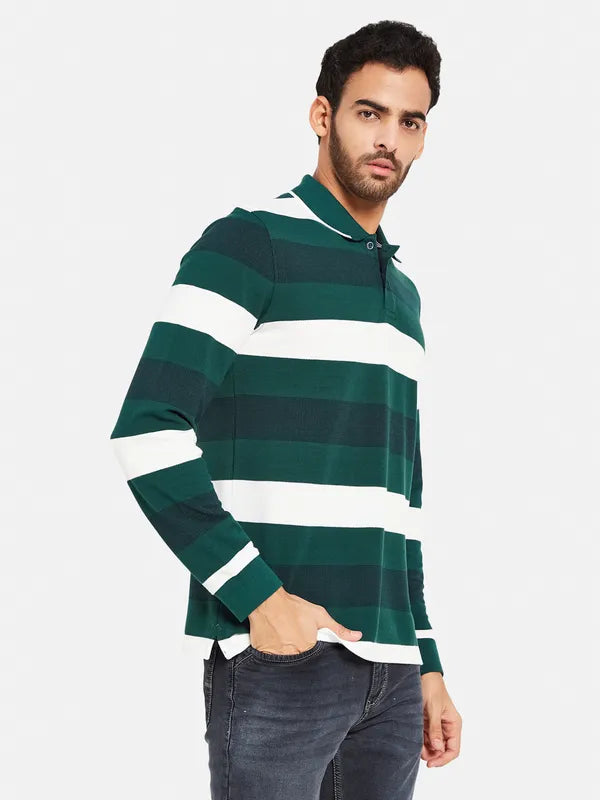 Mettle Men Green Striped High Neck Pockets T-Shirt