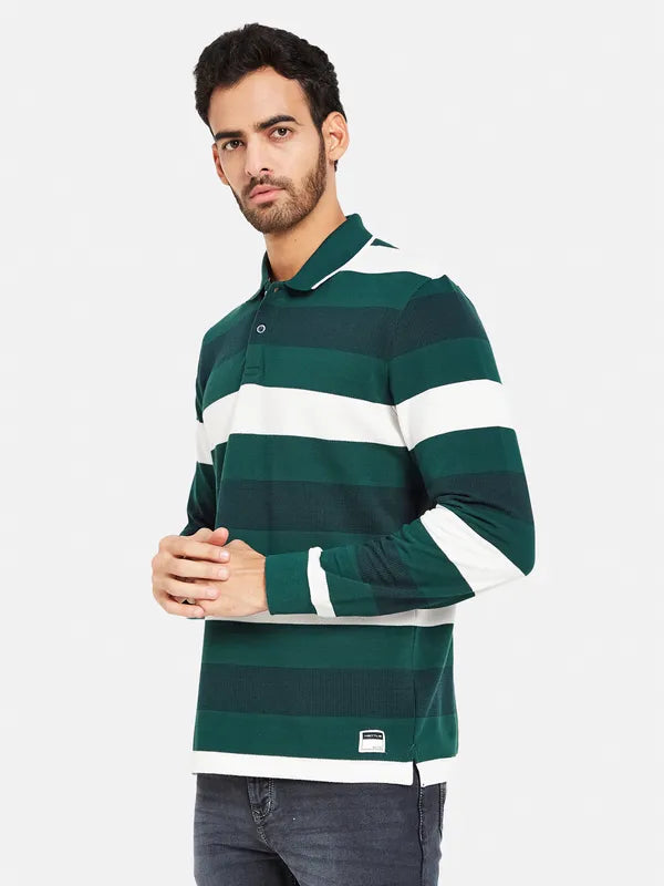 Mettle Men Green Striped High Neck Pockets T-Shirt