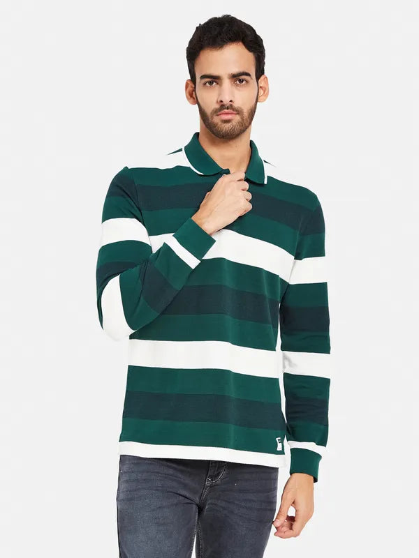 Mettle Men Green Striped High Neck Pockets T-Shirt