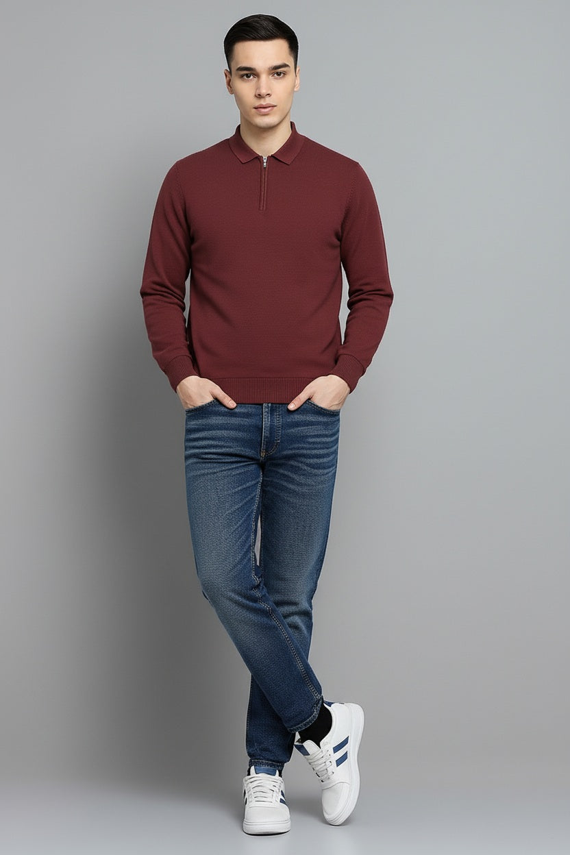 Men Wine Solid Polo Collar T-shirt