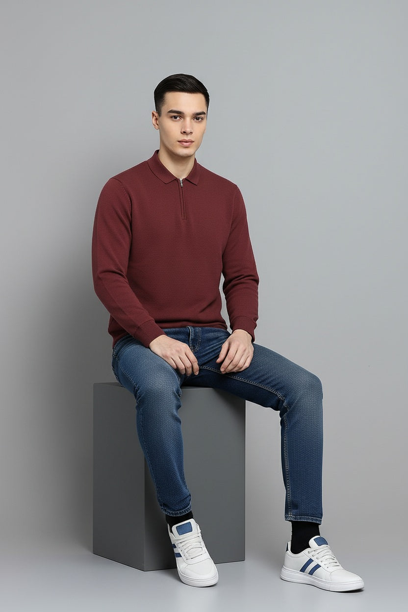Men Wine Solid Polo Collar T-shirt