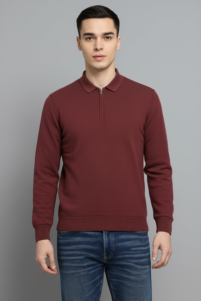 Men Wine Solid Polo Collar T-shirt
