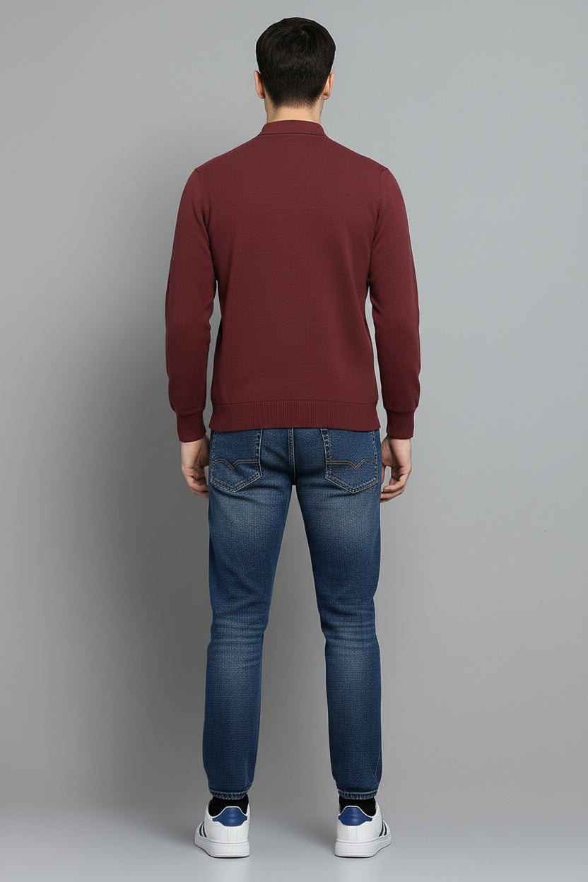 Men Wine Solid Polo Collar T-shirt