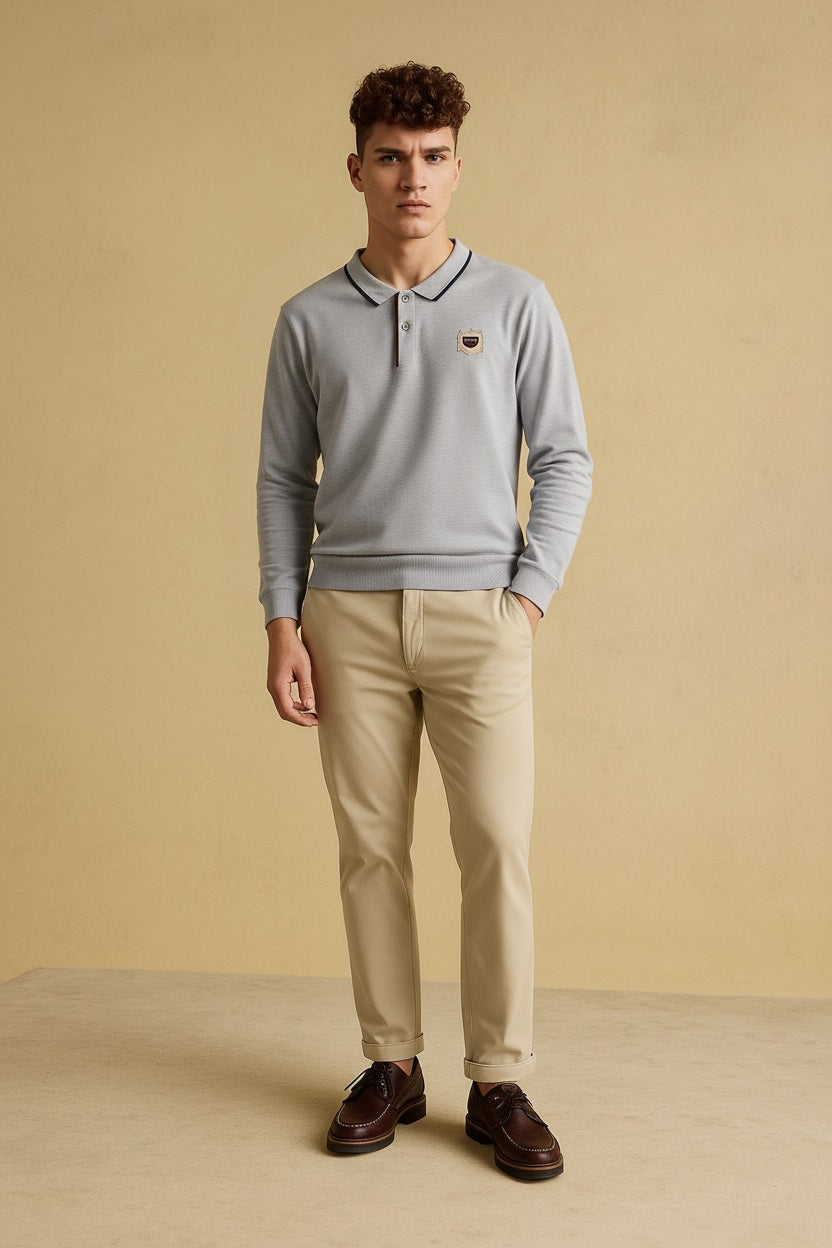 Men Grey Melange Solid Polo Collar T-shirt