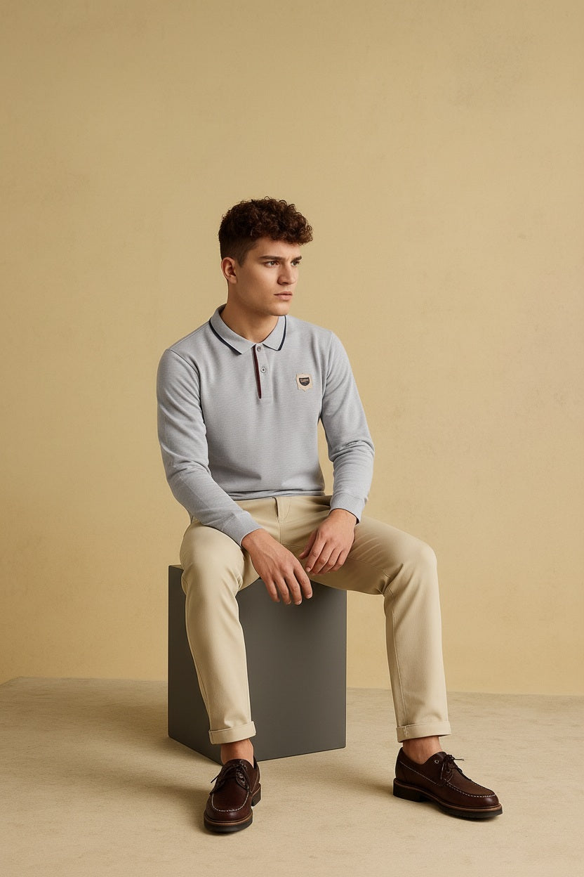 Men Grey Melange Solid Polo Collar T-shirt