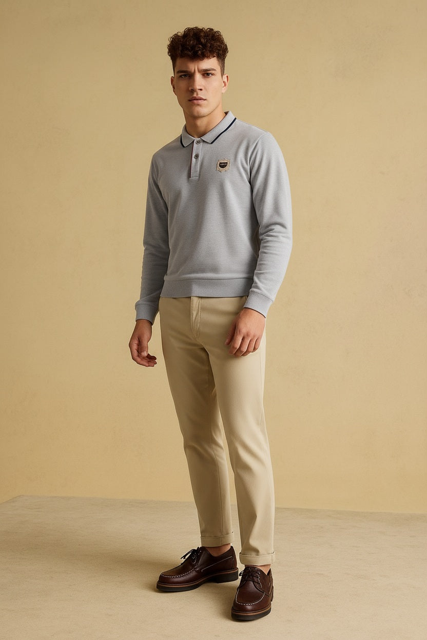 Men Grey Melange Solid Polo Collar T-shirt