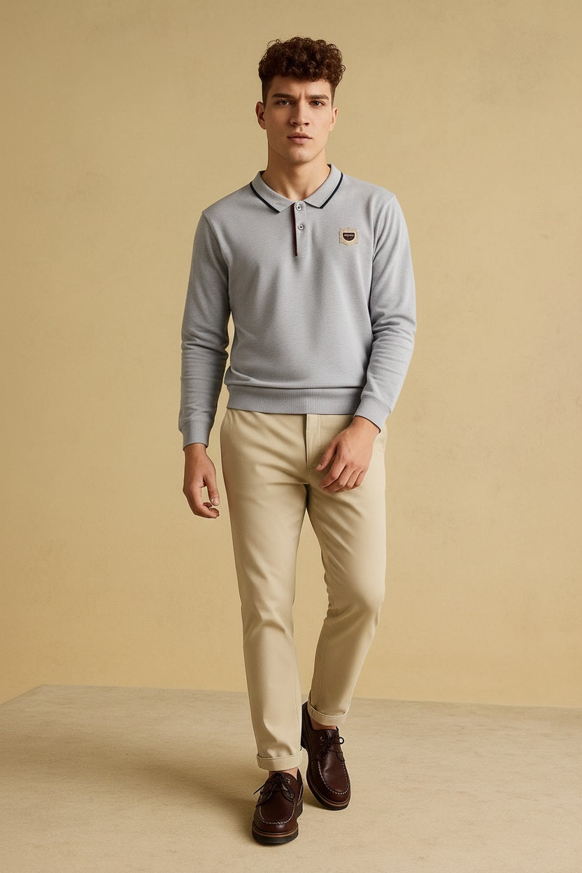 Men Grey Melange Solid Polo Collar T-shirt